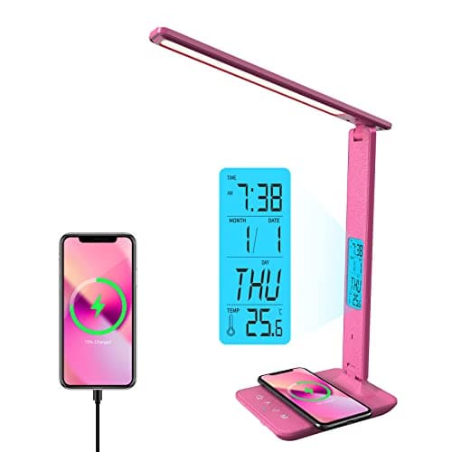 poukaran Desk Lamp, LED Desk Lamp with Wireless Charger, USB Charging Port, Table Lamp with Clock, Alarm, Date, Temperature, Office Lamp, Desk Lamps for Home Office, Pink