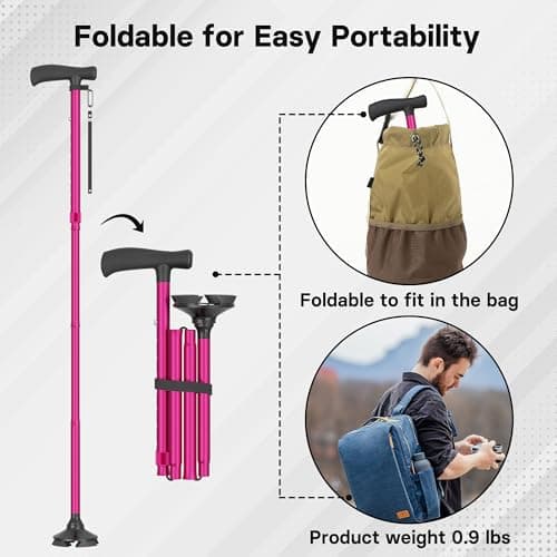 BONTEC Walking Cane - Height Adjustable Free Standing Foldable Canes, Aluminum Alloy Walking Stick with 360° Pivoting Base, Lightweight, Anti-Lost Tag, Canes for Women Men Seniors & Mountaineers, Pink 7