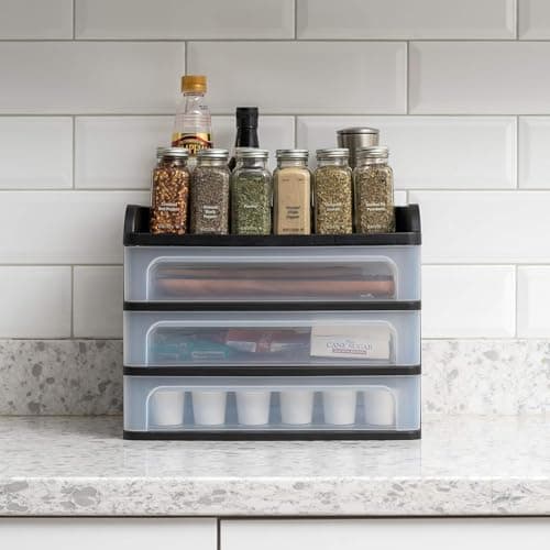 IRIS USA Plastic Desk Top 3-Drawer Storage Organizer with Paper Tray Top, 1-Pack, for Makeup Vanity Nail Polish Bathroom Stationery Art Craft Supplies Kitchen Office Garage Organization, Medium, Black 5