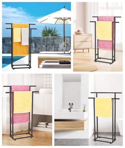 Standing Towel Racks for Bathroom, 2 Tier Bathroom Floor Free Standing Towel Rack, Tall Enough Pool Bath Drying and Dispaly Outdoor Stand for Storage, Black Freestanding Blanket Holder, ALHAKIN 8