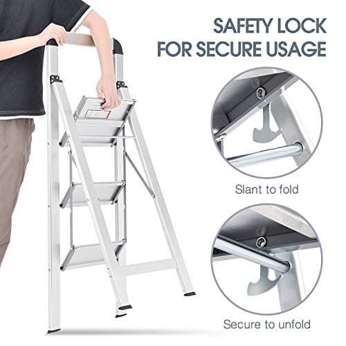 KINGRACK Aluminium 3 Step Ladder, Lightweight Step Stool with Non-Slip Pedals, Handrail, 330 LBS Foldable Step Ladder for Kitchen, Garage, Home, Space Saving, Sturdy and Portable, Silver 6