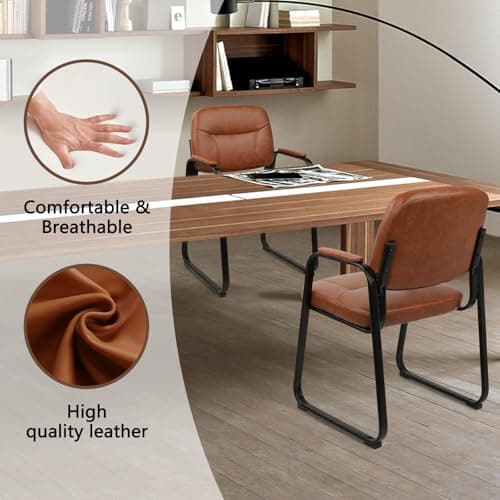 CLATINA Waiting Reception Chairs No Wheel, Leather Guest Chair with Padded Arms, Modern Brown Office Desk Chairs with Sled Base for Office Meeting Conference Room Lobby Home Living Room (2 Pack) 6