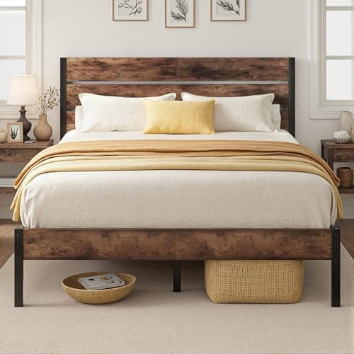 Lifezone Queen Bed Frame with Headboard and Footboard, Metal Queen Bed Frame with Under-Bed Storage, All-Metal Support System, No Box Spring Needed, Easily Assemble, Country Brown