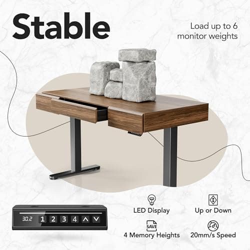 HUANUO Electric Standing Desk with 3 Drawers, 48 Inches Height Adjustable Desk, Whole-Piece Board Sit Stand Up Desk with 4 Memory Height Settings, Black Walnut 7