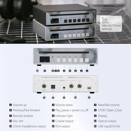 SMSL PL100 CD Player 3.5mm High-Power Headphone Output RCA Optical Coaxial Output Supports Transmission MQA Decoder CS43131 Decoding Chip Decoding Headphone Amplifier (PL100-Silver) 7