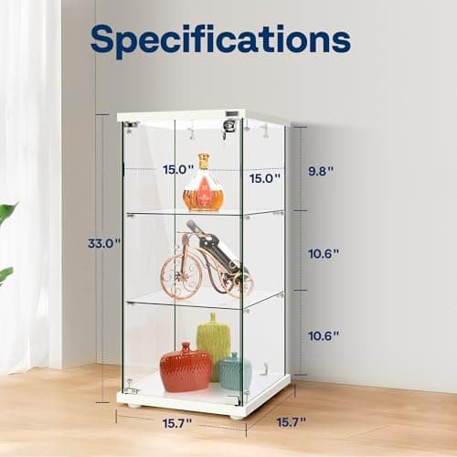 VIVOHOME 3 Layers 16''W x 16''D x 33''H Glass Display Cabinet Showcase Countertop with Lock, 4mm Tempered Glass 25mm MDF Base 7