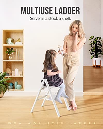 WOA WOA 2 Step Ladder, Foldable Step Stool, Aluminum Lightweight Ladder for Home Kitchen Closet, Anti-Slip Pedals, Ease of Folding, Portable, 300lbs Capacity - White 7