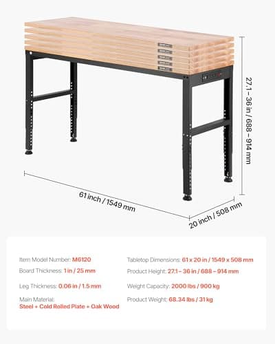 VEVOR Adjustable Workbench, 2000 lbs Capacity, 61 x 20-inch Heavy Duty Work Bench with 27.1-36 Inches Height Adjustment, Garage Workbench with Power Outlets, Suitable for Office, Garage, Workshop 7