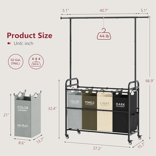 Tajsoon Laundry Sorter Cart with Hanging Clothes Rack, 4 Butler Sorter Basket Organizer, Laundry Hamper Cart with Heavy Duty Rolling Lockable Wheels, 4 Colors 6