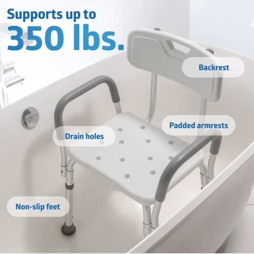 Medline Shower Chair for Elderly, Seniors, Adults & Disabled - Heavy Duty Shower Seat with Padded Arms and Back for Inside Shower, Adjustable Height Bath Stool for Bathtub, 350 lb, Slip Resistant 5