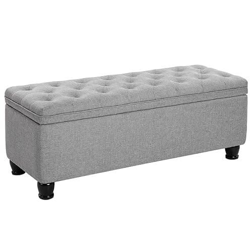 SONGMICS Storage Ottoman, Storage Bench, Tufted Entryway Bedroom Bench, 17.7 x 46.5 x 17.7 Inches, Hinges Easy Lid Operation, Wooden Legs, Linen-Look Cover, Loads 330 lb, Light Gray ULOM070G02