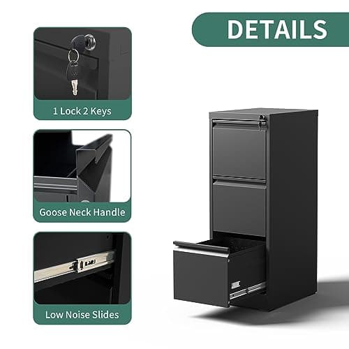 BIZOEIRON 3 Drawer File Cabinet with Lock, Metal Vertical Filing Cabinets for Home Office, Steel Storage Cabinet for Hanging Legal/Letter Size Files, Assembly Required (Black) 5