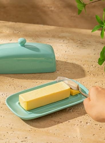 Sweese Butter Dish with Lid, Porcelain Butter Keeper, 7.8 Inch Butter Holder with Handle Cover, Butter Container Perfect for East West Coast Butter, Turquoise 5