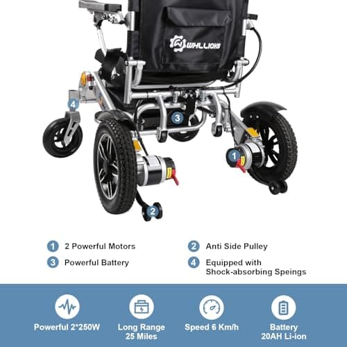 WHLLICKS Electric Wheelchairs for Adults Lightweight Foldable, 250W*2 Brushed DC Motorsand 20AH Lithium-ion Battery Transport Wheelchair All Terrain, Maximum Load 300 lbs(Silver) 5