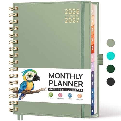 RETTACY 2026-2027 Monthly Planner, Jan 2026 - Dec 2027, Medium Size (5.7" x 8.3"), Agenda, Calendar, 24 Month Tabs, Flexible Plastic Cover, 100 GSM Thick Paper, Spiral-bound (Light Green)