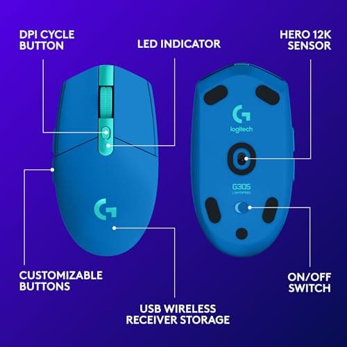 Logitech G305 Lightspeed Wireless Gaming Mouse, Hero Sensor, 12,000 DPI, Lightweight, 6 Programmable Buttons, 250h Battery, On-Board Memory, Compatible with PC, Mac - Blue 6