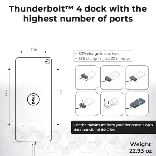 Dell WD22TB4 Thunderbolt 4 Dock Bundle - 40Gbps USB-C/USB-A, 1 Year Warranty with 180W Adapter, Anyhdd HMDI, DP, USB-C Cable & Cloth - Docking Station, Supports Dual/Triple Monitors & 4k Display 6