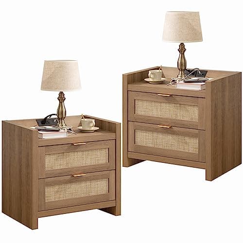 SICOTAS Night Stand Set of 2 - Rattan Nightstands with Type-C Charging Station, 2 Rattan Drawers - Boho Bed Side Tables End Table for Small Space - Natural Oak