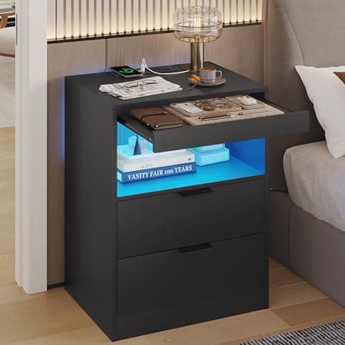 ADORNEVE LED Nightstand Black Nightstand with Wireless Charging Station 2 Drawers, Modern Bedroom End Side Table with LED Lights, Wooden Sofa Bedside Table with Pull-Out Shelf 10