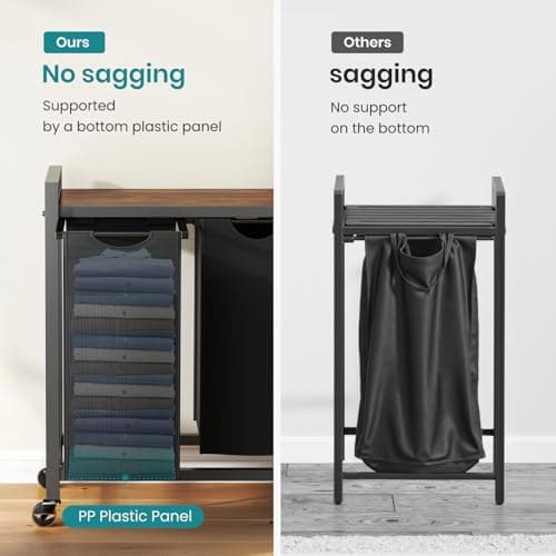 OLIXIS Laundry Hamper, Laundry Sorter with Shelf, Clothes Basket Organizer with 3 Pull-Out and Removable Bags, Movable Wheels for Laundry Room Bathroom Bedroom, 3 × 8.6 Gal (97.5L), Metal Frame, Black 8