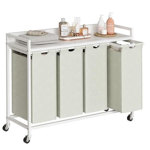 Herture Laundry Hamper with Shelf, Laundry Basket 4 Section, Laundry Sorter with Pull-Out Removable Large Bags and Movable Wheels, Metal Frame, 4 x 15.87 Gallons (60L), White PF07XLW