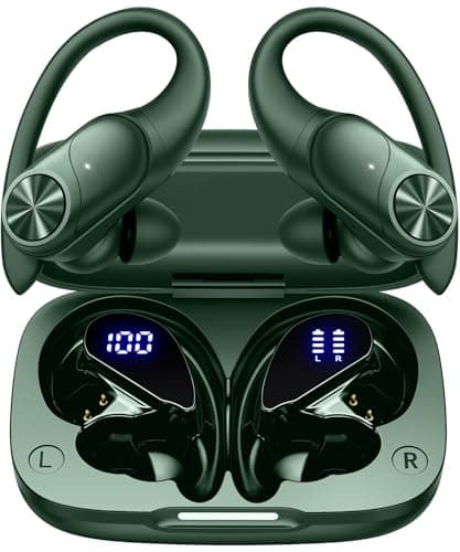 PocBuds Bluetooth Headphones Wireless Earbuds 80hrs Playtime Wireless Charging Case Digital Display Sports Ear Buds with Earhook Deep Bass IPX7 Waterproof Over-Ear Earphones for TV Phone Laptop Olive