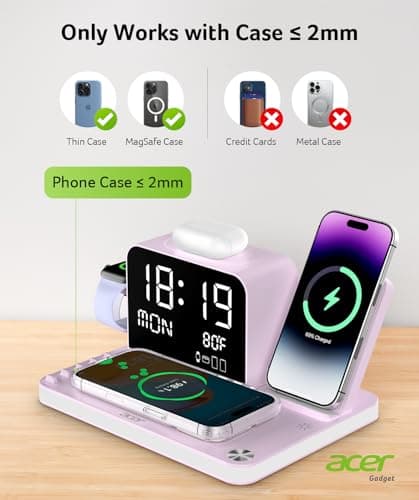 Acer 7-in-1 Wireless Charging Station with LED Clock - 30W Fast Wireless Charger for iPhone 16/15/14/13/12/Pro Max, Apple Watch, AirPods - Bluetooth Auto Time Sync & Night Lights (Purple) 8
