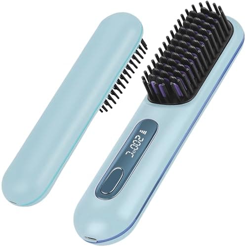 Numoya Go Brush Pro - Cordless Hair Straightener Brush Portable Comb for Travel, USB Charging, Fast Heating, with LCD Display (Blue)