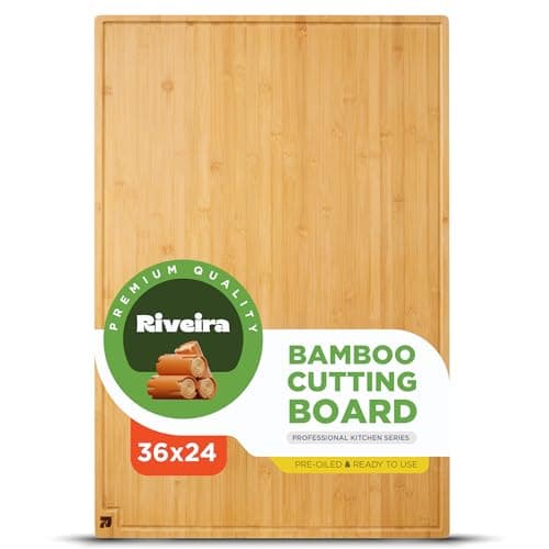 Riveira White Bamboo Wood Cutting Board – Gourmet Bamboo Grandeur: 36 x 24 Wooden Cutting Board – Wooden Cutting Boards For Kitchen Decorative – Innovative Juice Grooves Wooden Chopping Board