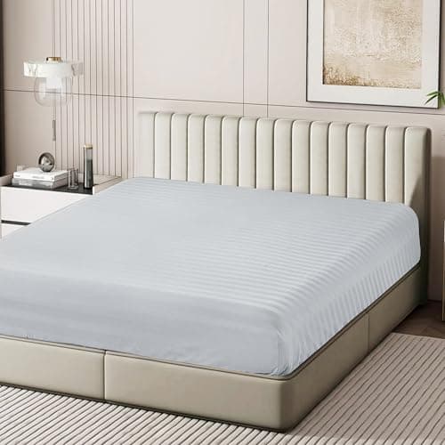 100% Egyptian Cotton Fitted Sheet Twin XL Size Only, 600 Thread Count, 8"-16" Deep Pocket Sateen Weave Bottom Sheet, Soft Breathable Hotel Quality, Foot Side Indicator (Twin XL, Striped Gray)