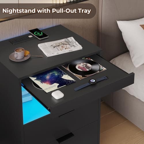 ADORNEVE LED Nightstand Black Nightstand with Wireless Charging Station 2 Drawers, Modern Bedroom End Side Table with LED Lights, Wooden Sofa Bedside Table with Pull-Out Shelf 5