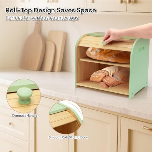 Thalomely Bread Box for Kitchen Countertop, Double Layer Bamboo Bread Storage Container for Homemade Bread, Roll Top Bread Box with 3 Adjustable Height for Kitchen Counter, Cyan Breadbox Organizer 5