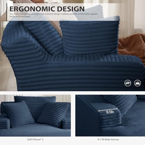 50 Inches Chaise Lounge Indoor, Oversized Chaise Lounge Chair with 3 Throw Pillows and Armrests, Corduroy Upholstered Plush Sofa Bed Lazy Chair Bed Sleeper Chair for Living Room Apartment (Blue) 5
