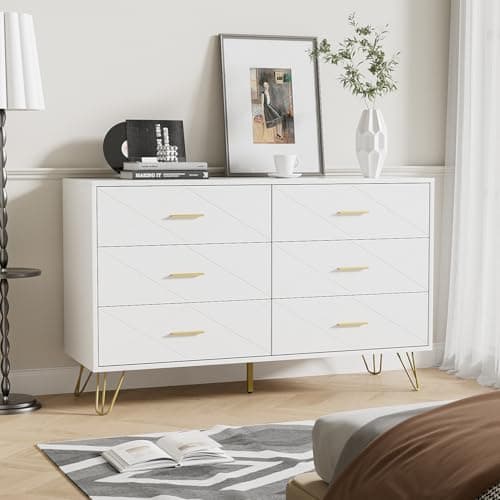 FURNIWAY White Dresser for Bedroom, Modern Bedroom Dresser with 6 Deep Drawers, Wide Chest of Drawers with Gold Handles for Living Room