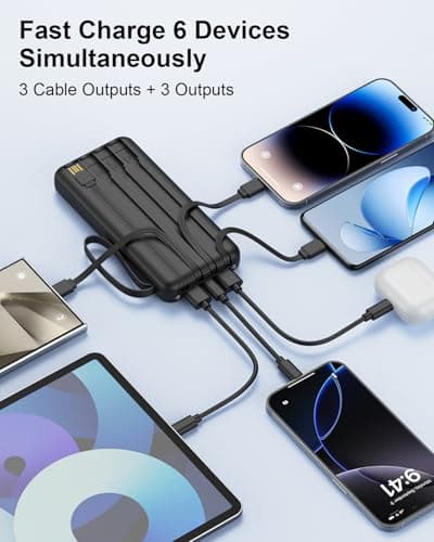 FlyKangaroo Portable Charger with Built in Cables, Slim 10000mAh Fast Charging 22.5W Power Bank USB C LED Display Battery Pack 6 Outputs & 2 Inputs for iPhone Samsung Pixel LG Moto iPad 5