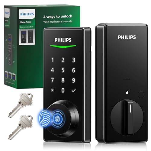 Philips Fingerprint Keyless Entry Door Lock, Electronic Door Lock with Touchscreen, Long-Lasting Battery, Auto Locking, One-Time Code, Keypad Deadbolt, One-Touch Locking, Matte Black
