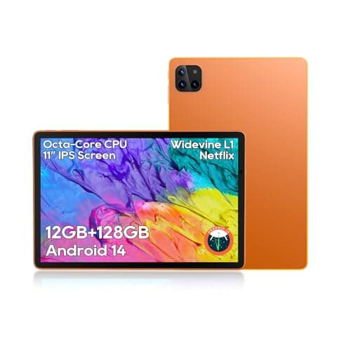 Tablet: 10 Inch Tablet, Android 15 Tablets, 12GB RAM 128GB ROM, Octa-core Processor, IPS HD Display, Widevine L1, WiFi 6 & Bluetooth 5.4, Dual Cameras, Dual Speakers, 6000mAh Battery - Orange