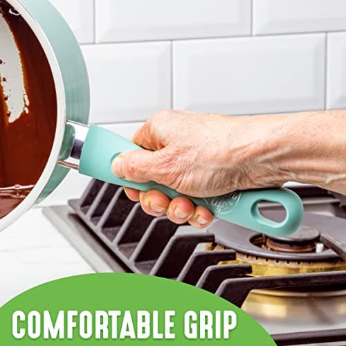 GreenLife Soft Grip Diamond Sandstone Healthy Ceramic Nonstick, 2QT Saucepan Pot with Lid, PFAS-Free, Dishwasher Safe, Turquoise and Cream 5