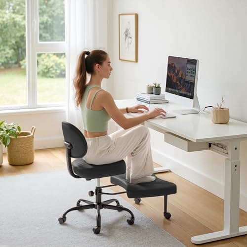 Furmax Ergonomic Criss Cross Legged Office Chair with Wheels, 360°Swivel Adjustable Height Kneeling Desk Chair with Footrest for ADHD, Yoga, Meditation, Home Office (Leather, Black)