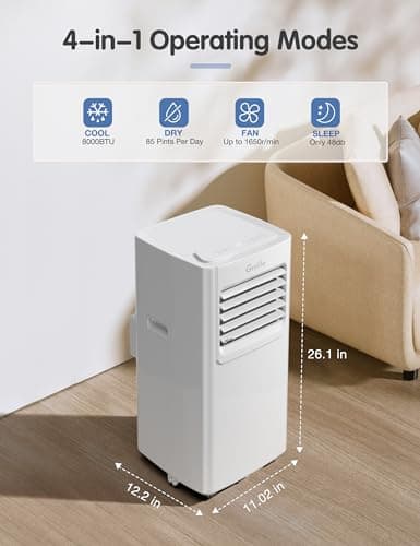 Grelife Portable Air Conditioners,8000BTU 4-in-1 AC Unit with Fan&Dehumidifier,Powerful Cooling up to 350 sq.ft,Portable AC with Smart/Sleep Mode,LED Display,Remote Control,48dB Quiet,24H Timer 2