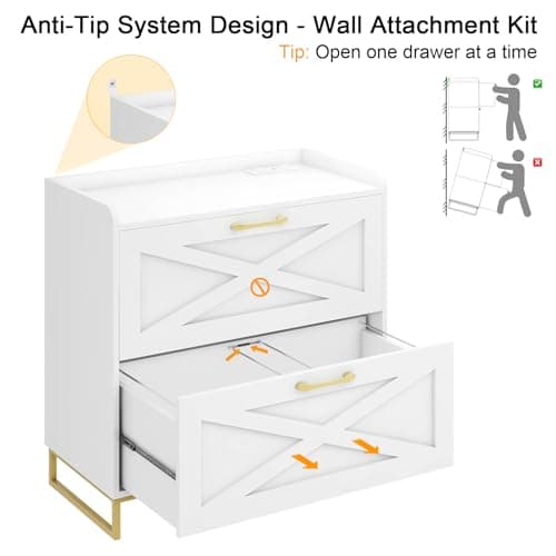 File Cabinet 2 Drawers Lateral File Cabinet with Charging Station for Letter/Legal/A4 Size Hanging Files, Large Wood File Storage Cabinets Printer Stand for Home Office, White and Gold 5