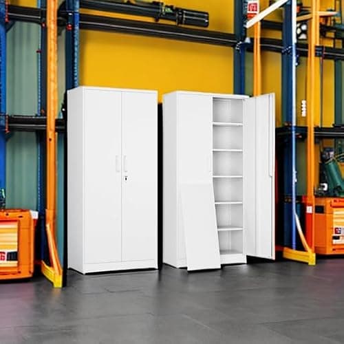 Yizosh Metal Garage Storage Cabinet with 2 Doors and 5 Adjustable Shelves - 71" Steel Lockable File Cabinet,Locking Tool Cabinets for Office,Home,Garage,Gym,School (White) 6