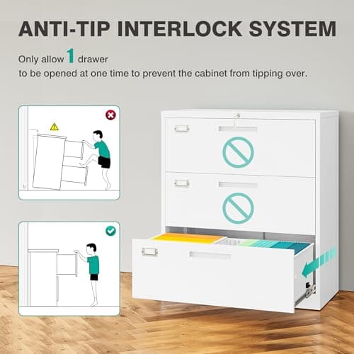 SISESOL 3 Drawer Lateral File Cabinet with Lock,White Lateral Filing Cabinet,Horizontal Metal Filing Cabinet,Locked Wide Three Drawer File Cabinet for Office Home,Fit A4/F4/Letter/Legal File 7
