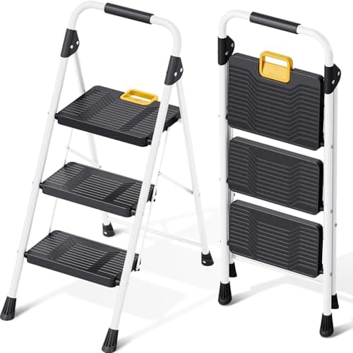 KINGRACK 3 Step Folding Ladder, 800lbs Capacity Step Stool with Safety Lock, Non-Skid Wide Pedals, and Handrail, Lightweight, Household Ladder for Home, Kitchen, Pantry, Closets, and Office Use, White