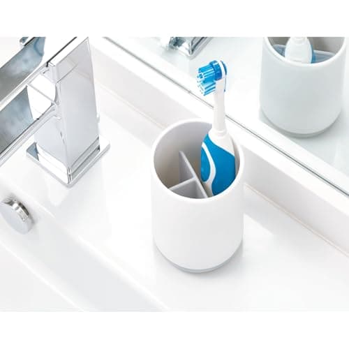 iDesign Toothbrush Holder for Normal Toothbrushes, Spin Brushes, and Toothpaste, The Cade Collection - 3" x 3" x 4. 5", White/Gray 6