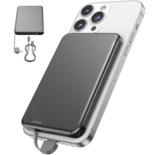 NZKEEYZI for MagSafe Portable Charger, 0.3" Ultra Slim 5000mAh Magnetic Power Bank, 25W PD Fast Charging Battery Pack with Built-in Cable, Travel Battery Bank for for iPhone 17/16/15/14/13/12, Black