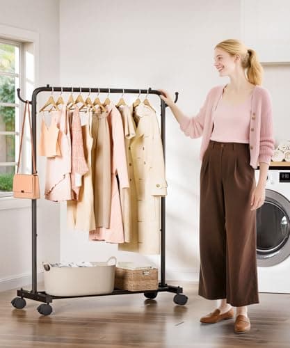 Homde Rolling Clothes Rack with Hooks: Standing Garment Storage for Indoor - Hanging Rod for Bedroom Laundry Room - Coat Dress Organizer on Wheels with luggage shelf (Black, 32") 6