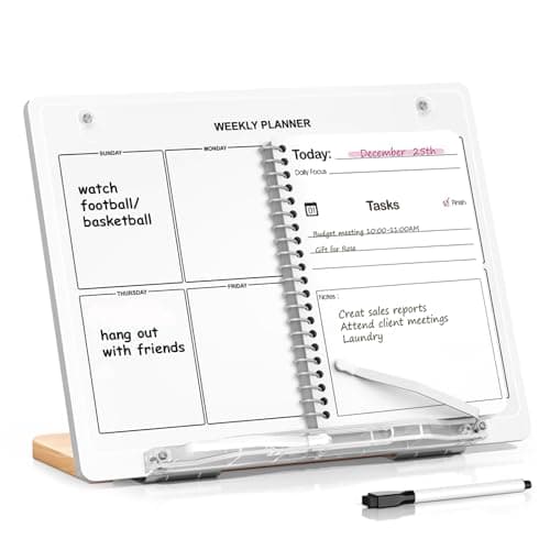 UPERGO Book Stand for Reading, Acrylic Book Holder for Desk with Weekly Planner, Angle Adjustable Recipe Book Stand for Kitchen