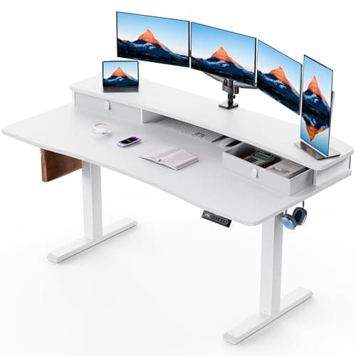 HUANUO 60″ x 30″ Electric Standing Desk with 2 Drawers, C-Clamp Mount Compatible, Height Adjustable Computer Desk, Home Office Stand Up Desk with 4 Preset Heights & 2 Hooks, White