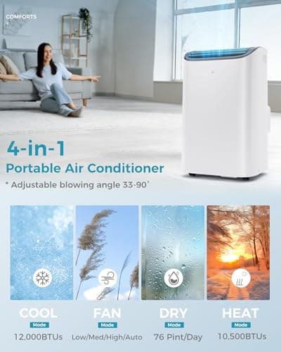 EUHOMY Portable Air Conditioners 12,000 Btu, 4 in 1 Portable Cooling AC with Heat, Dehumidifier, Fan Modes, Quiet Stand-up AC with 46dB Low Noise & Sleep Mode for Bedrooms, room up to 550 Sq.Ft 3